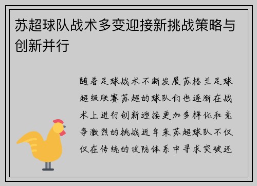 苏超球队战术多变迎接新挑战策略与创新并行