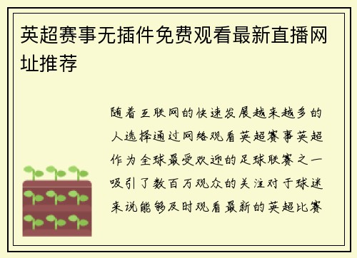 英超赛事无插件免费观看最新直播网址推荐