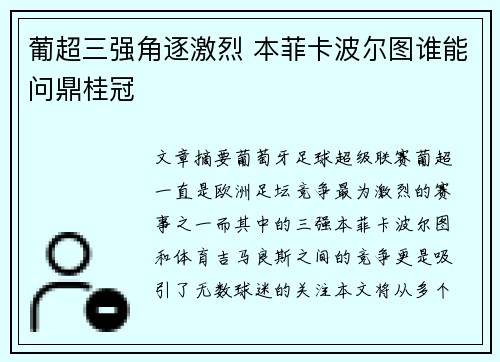 葡超三强角逐激烈 本菲卡波尔图谁能问鼎桂冠